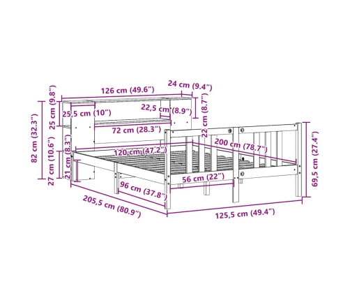 Cama con estantería sin colchón madera maciza de pino 120x200cm