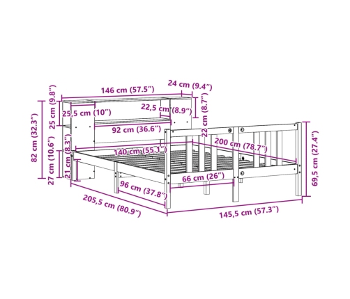 Cama con estantería sin colchón madera maciza blanca 140x200 cm