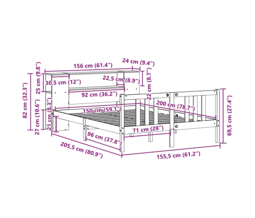 Cama con estantería sin colchón madera maciza blanca 150x200 cm