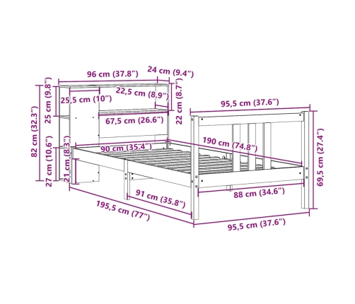 Cama con estantería sin colchón madera maciza de pino 90x190 cm