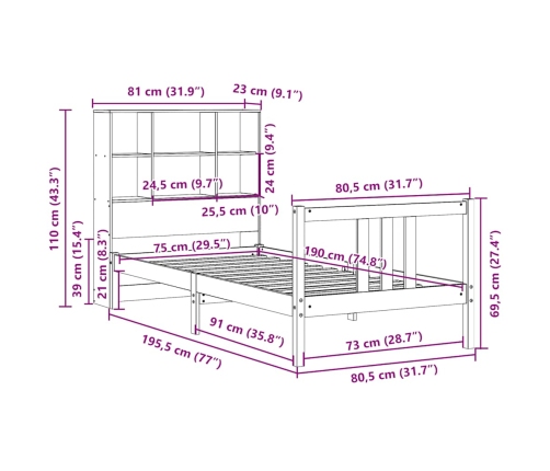 Cama con estantería sin colchón madera maciza de pino 75x190 cm