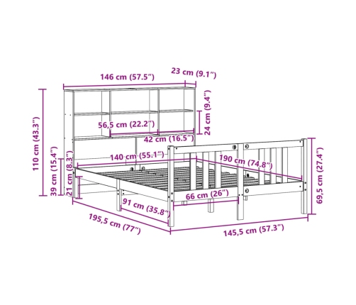 Cama con estantería sin colchón madera maciza de pino 140x190cm