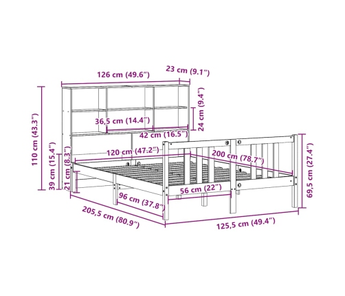 Cama con estantería sin colchón madera maciza de pino 120x200cm