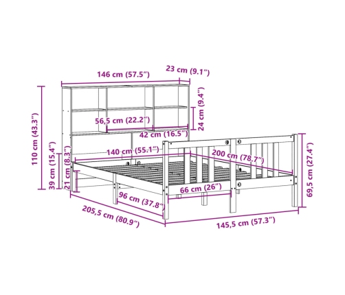 Cama con estantería sin colchón madera maciza de pino 140x200cm