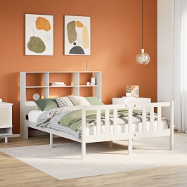 Cama con estantería sin colchón madera maciza blanca 140x200 cm