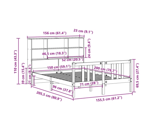 Cama con estantería sin colchón madera maciza de pino 150x200cm