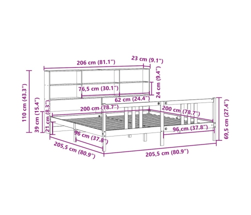 Cama con estantería sin colchón madera maciza de pino 200x200cm