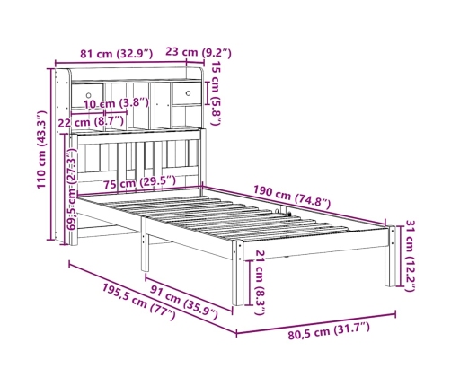 Cama con estantería sin colchón madera maciza de pino 75x190 cm