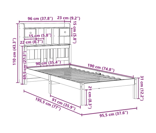 Cama con estantería sin colchón madera maciza de pino 90x190 cm