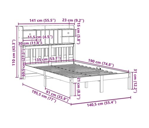 Cama con estantería sin colchón madera maciza de pino 135x190cm