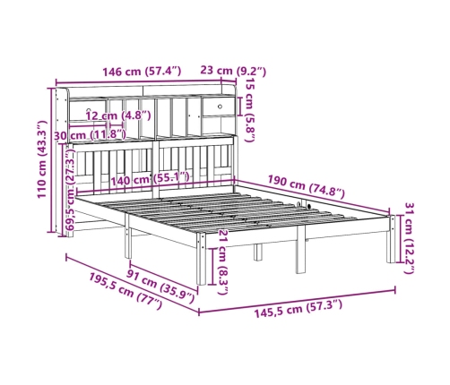 Cama con estantería sin colchón madera maciza blanca 140x190 cm