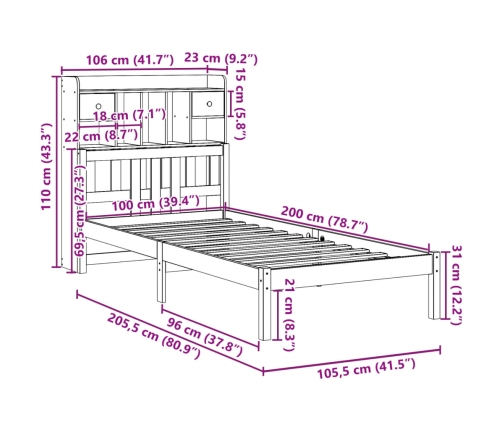 Cama con estantería sin colchón madera maciza blanca 100x200 cm