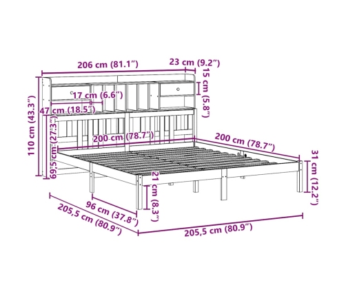 Cama con estantería sin colchón madera maciza de pino 200x200cm