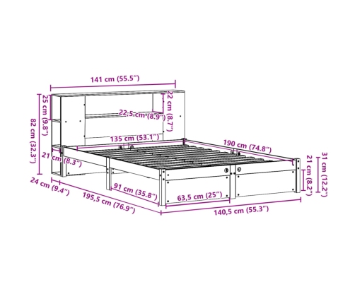 Cama con estantería sin colchón madera maciza de pino 135x190cm