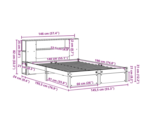 Cama con estantería sin colchón madera maciza blanca 140x190 cm