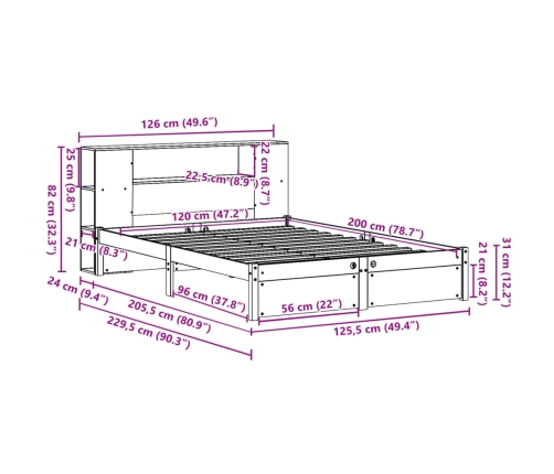 Cama con estantería sin colchón madera maciza de pino 120x200cm