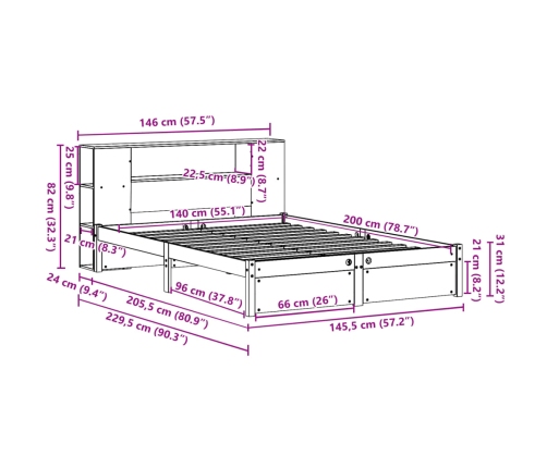 Cama con estantería sin colchón madera maciza blanca 140x200 cm