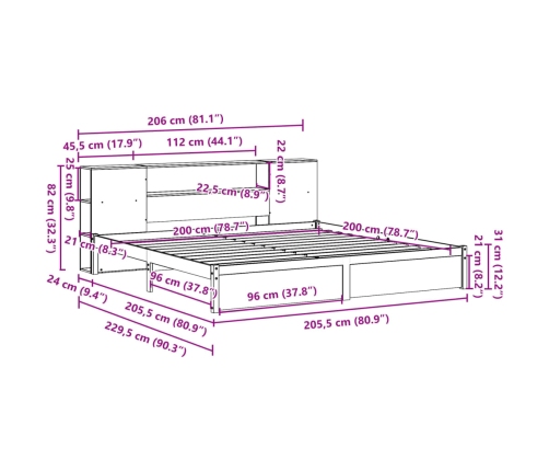 Cama con estantería sin colchón madera maciza de pino 200x200cm