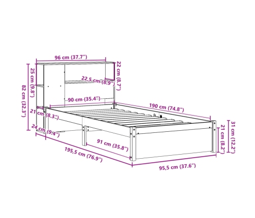 Cama con estantería sin colchón madera maciza de pino 90x190 cm