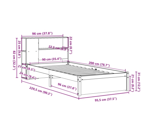 Cama con estantería sin colchón madera maciza de pino 90x200 cm