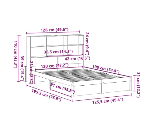 Cama con estantería sin colchón madera maciza de pino 120x190cm