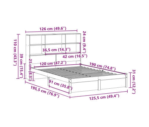 Cama con estantería sin colchón madera maciza blanca 120x190 cm