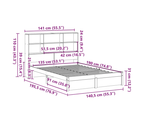 Cama con estantería sin colchón madera maciza blanca 135x190 cm