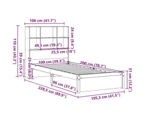 Cama con estantería sin colchón madera maciza de pino 100x200cm