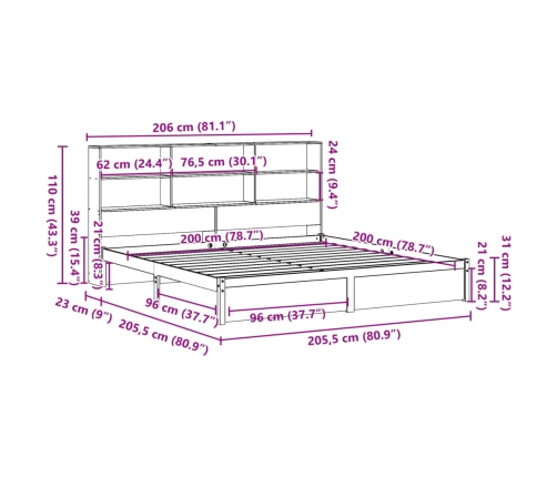 Cama con estantería sin colchón madera maciza de pino 200x200cm