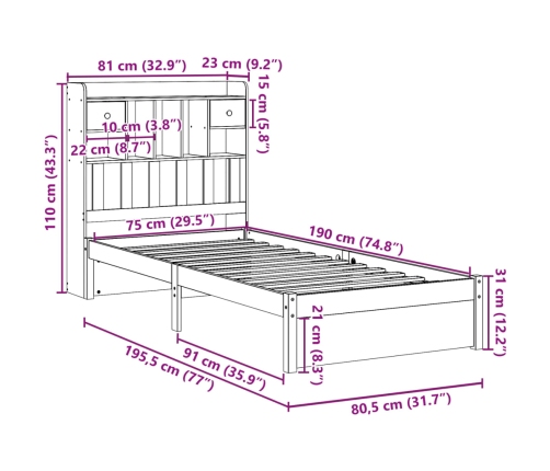 Cama con estantería sin colchón madera maciza de pino 75x190 cm