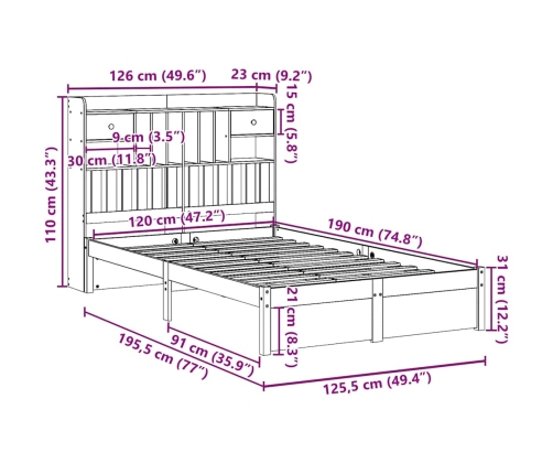 Cama con estantería sin colchón madera maciza de pino 120x190cm