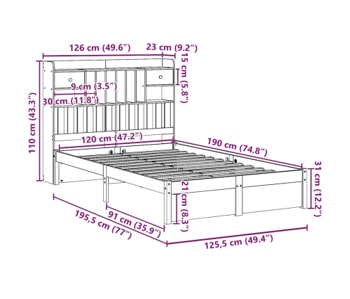 Cama con estantería sin colchón madera maciza blanca 120x190 cm