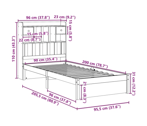 Cama con estantería sin colchón madera maciza de pino 90x200 cm