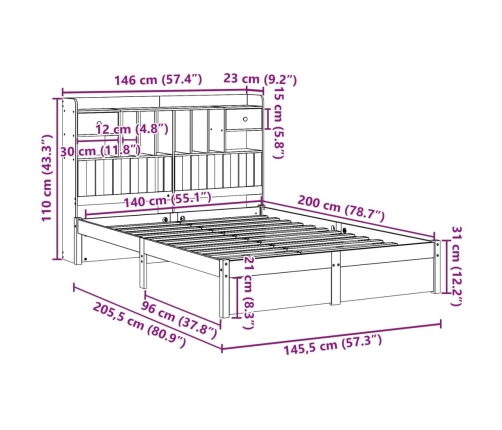 Cama con estantería sin colchón madera maciza de pino 140x200cm