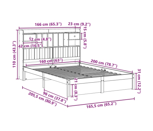 Cama con estantería sin colchón madera maciza blanca 160x200 cm