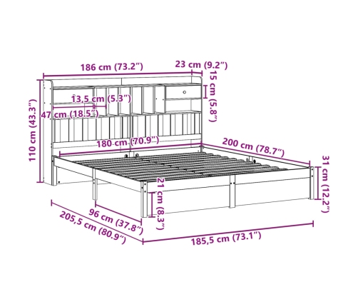 Cama con estantería sin colchón madera maciza de pino 180x200cm