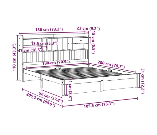 Cama con estantería sin colchón madera maciza blanca 180x200 cm