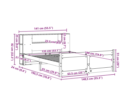 Cama con estantería sin colchón madera maciza de pino 135x190cm