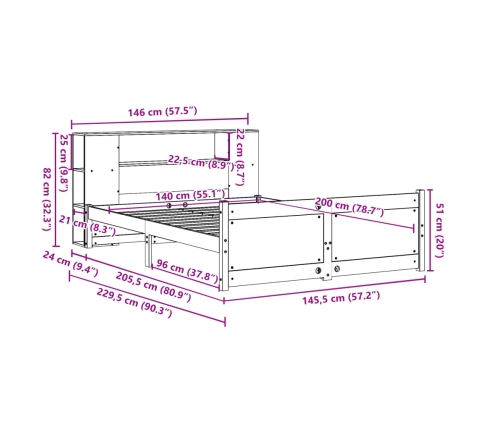 Cama con estantería sin colchón madera maciza de pino 140x200cm