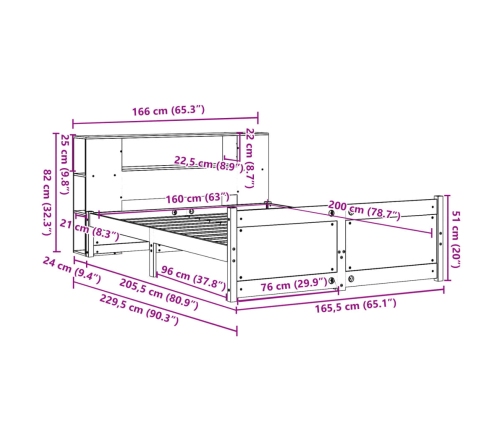 Cama con estantería sin colchón madera maciza blanca 160x200 cm