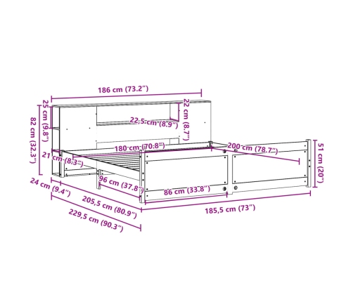 Cama con estantería sin colchón madera maciza de pino 180x200cm