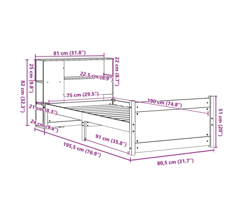 Cama con estantería sin colchón madera maciza de pino 75x190 cm