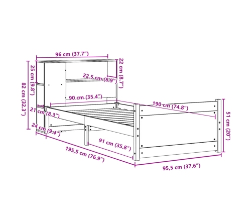 Cama con estantería sin colchón madera maciza de pino 90x190 cm