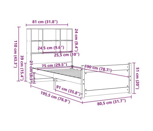 Cama con estantería sin colchón madera maciza de pino 75x190 cm