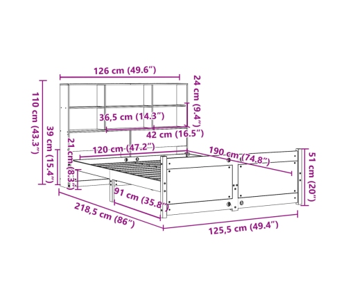 Cama con estantería sin colchón madera maciza de pino 120x190cm