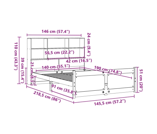 Cama con estantería sin colchón madera maciza blanca 140x190 cm