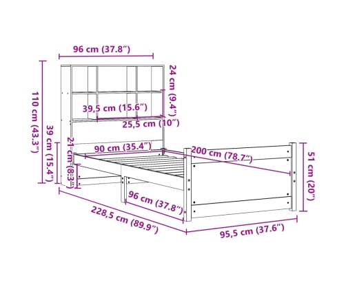 Cama con estantería sin colchón madera maciza de pino 90x200 cm