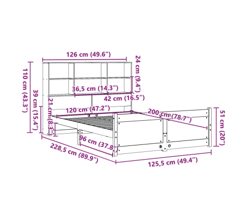 Cama con estantería sin colchón madera maciza blanca 120x200 cm