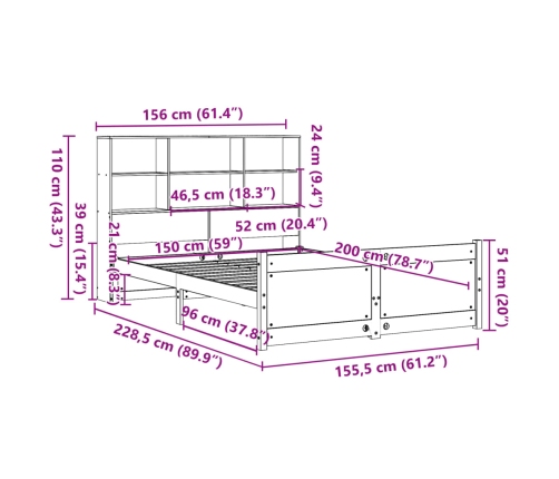 Cama con estantería sin colchón madera maciza de pino 150x200cm