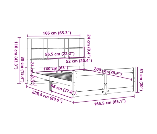 Cama con estantería sin colchón madera maciza blanca 160x200 cm